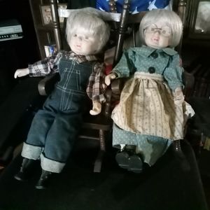 Vintage Porcelain Grandama & GrandpaDolls in Wooden Rocking Chairs